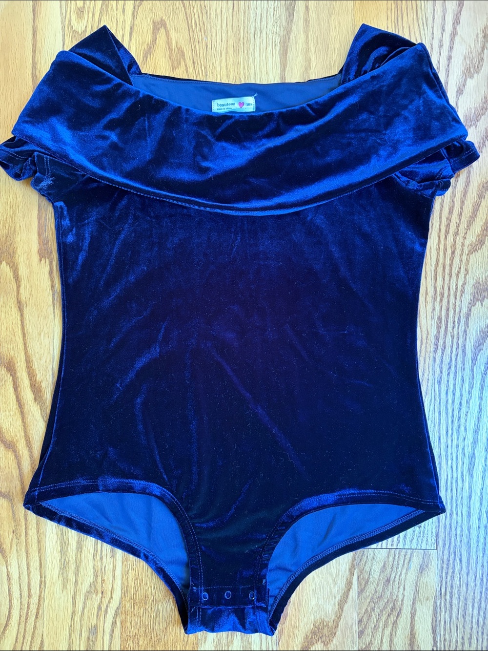 Beautees Velvet Off-Shoulder Bodysuit in Navy Blue. Big Girl size: 16.5